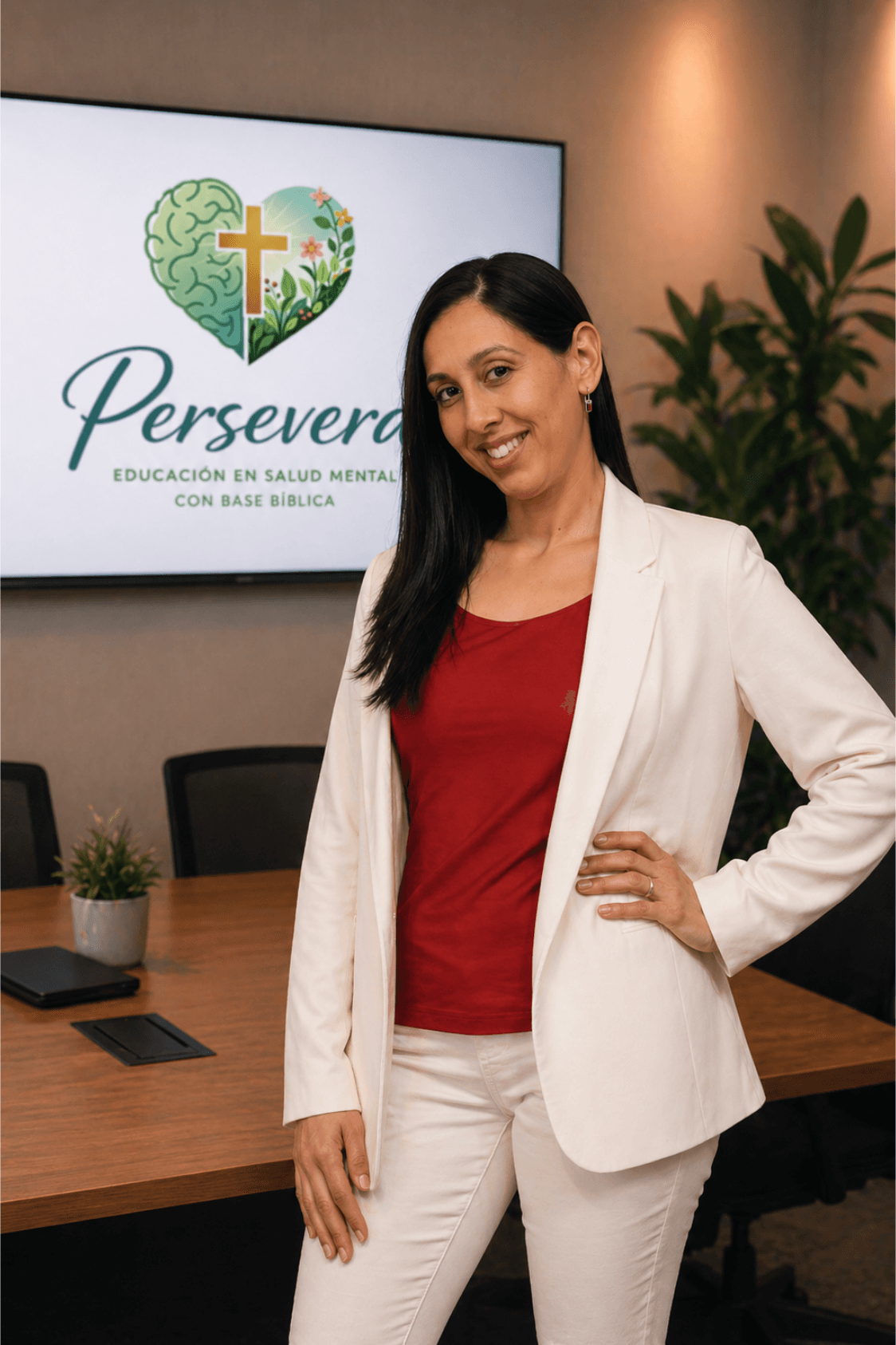 Retrato de Samaria Ortiz Colón, Trabajadora Social Clínica y fundadora de Persevera, frente al logo de la marca.